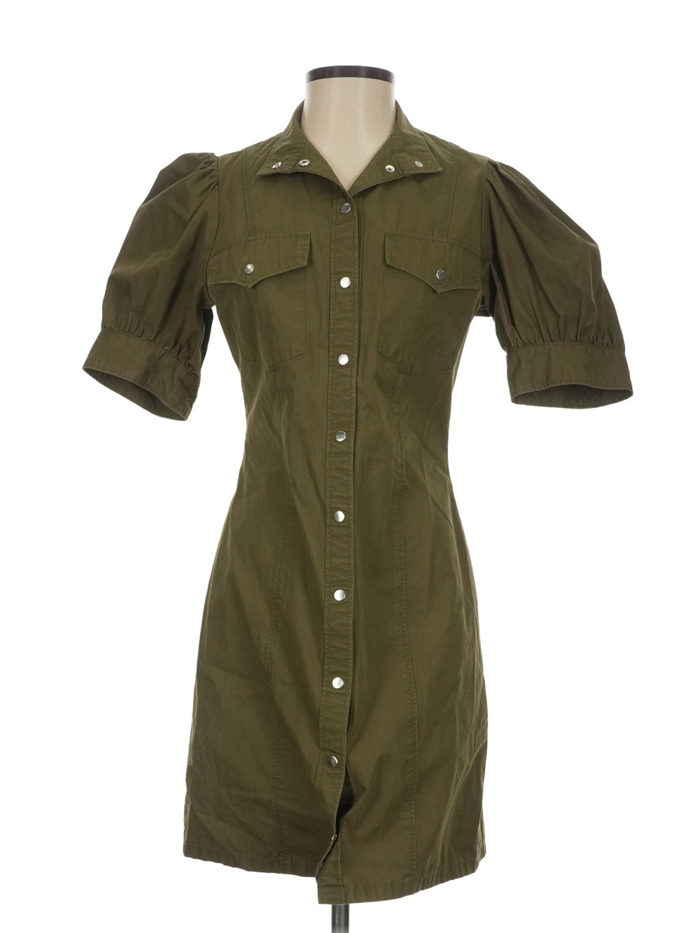 Olive Button-Front Utility Shirt Dress